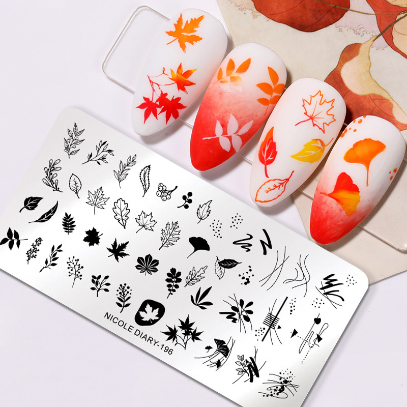 NICOLE DIARY Kļavu lapu nagu apzīmogošanas plāksnes Rudens lapas Dizains Polish Trafarets Nail Art Printing Gel Polish Template Veidņu rīks