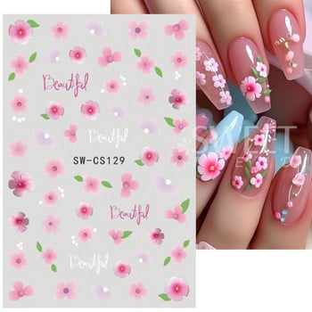 Μωβ λουλούδια αυτοκόλλητα νυχιών 3D Daisy Cherry Blossoms Πέταλα Φύλλα Πεταλούδας Άνοιξη Καλοκαίρι Slider Y2K Διακόσμηση μανικιούρ