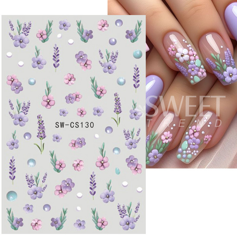 Violeta ziedu nagu uzlīmes 3D margrietiņa ķiršu ziedi ziedlapiņas lapas tauriņu piekariņi pavasara vasaras slīdnis Y2K manikīra dekors