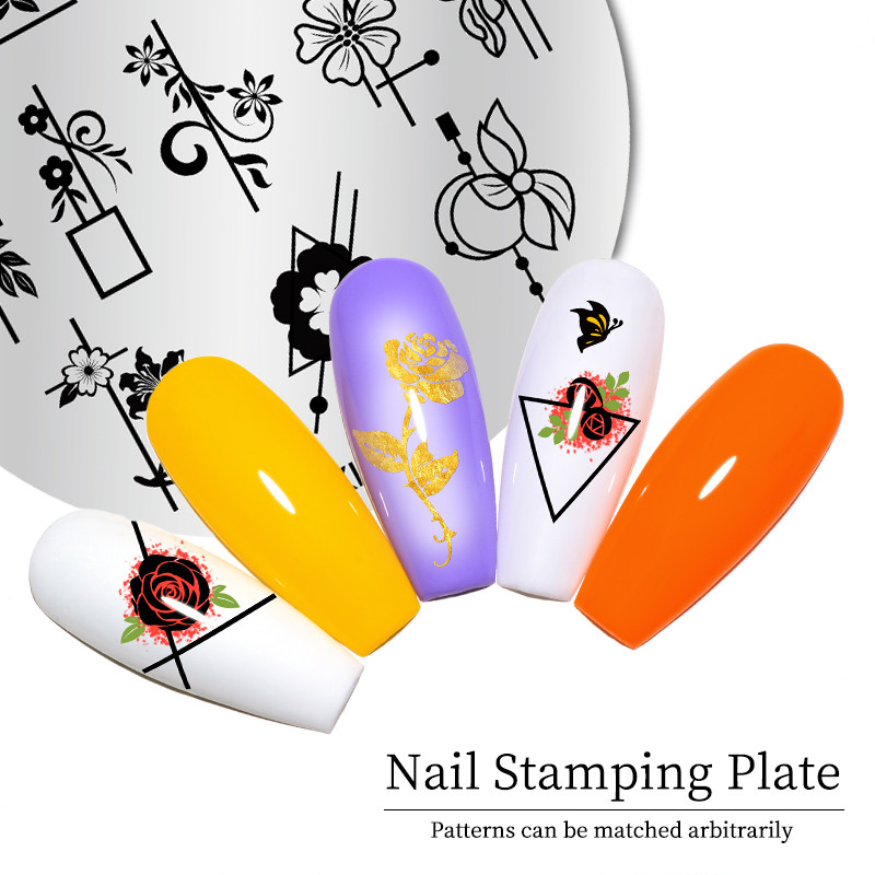 1 gab Lapu, ziedu svītru dizaina apzīmogošanas plāksnes Abstraktas dāmas sejas nagu zīmogu veidnes lapu ziedu apdrukas dzīvnieku trafarets