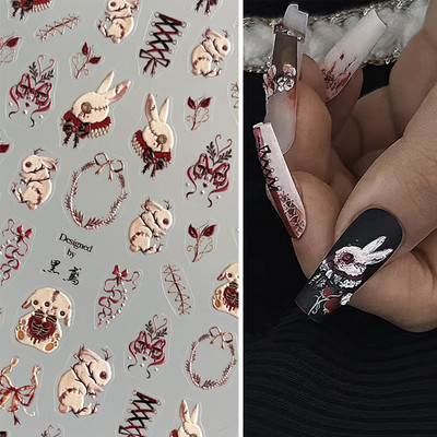 Thorns Rose Bloody Bunny 5D релефни релефи Самозалепващи стикери за изкуство за нокти Тъмен стил 3D декорации за нокти Ваденки на едро
