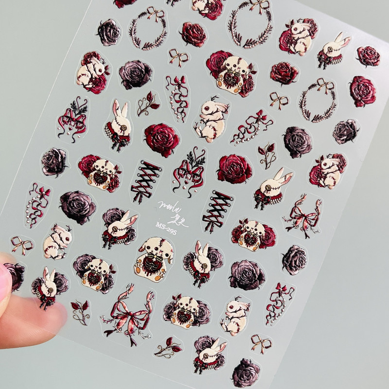 Thorns Rose Bloody Bunny Reliefuri în relief 5D Autocolante autoadezive pentru arta unghiilor Stil întunecat Decoratiuni 3D pentru unghii Decalcomanii Comerț cu ridicata