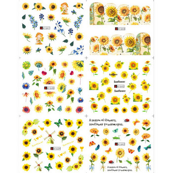 12 бр. Слънчогледови стикери за нокти Blossom Florals Nail Art Water Decals Трансферни фолиа Плъзгачи Декорации за маникюр TRA1633-1644