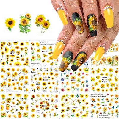 12tk Päevalilleküünekleebised Blossom Florals Nail Art Vesikleebised Ülekandekleebised Liugurid Maniküüri kaunistused TRA1633-1644