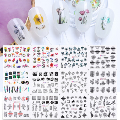 12gab Saulespuķu Nagu uzlīmes Blossom Florals Nail Art Water Decals Transfer Foil Sliders Dekorācijas manikīram TRA1633-1644