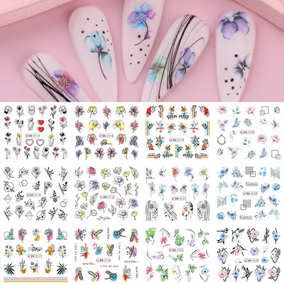 12gab Saulespuķu Nagu uzlīmes Blossom Florals Nail Art Water Decals Transfer Foil Sliders Dekorācijas manikīram TRA1633-1644