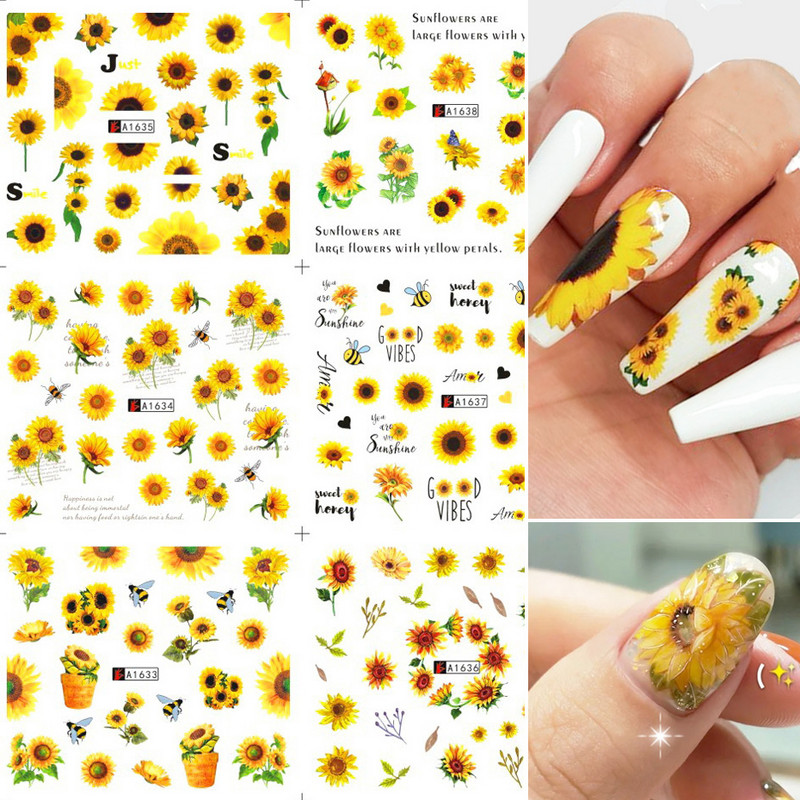 12gab Saulespuķu Nagu uzlīmes Blossom Florals Nail Art Water Decals Transfer Foil Sliders Dekorācijas manikīram TRA1633-1644