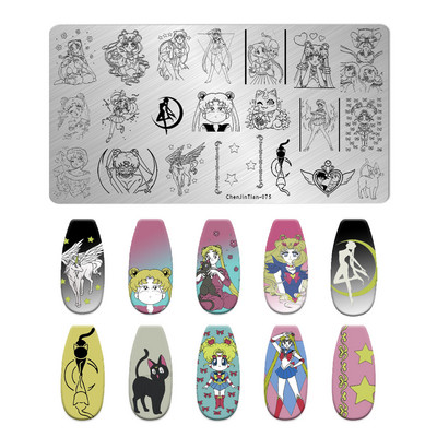 Anime multfilmu meitenes apzīmogošanas šķīvji Jauki multfilmas personības tēli, nerūsējošā tērauda trafareti nagu mākslas veidnes manikīra rīki