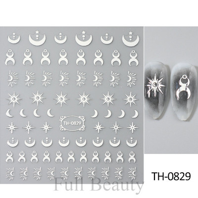 Autocolante argintii metalice pentru arta unghiilor 3D Star Moon Pegasus Glisor auto-adeziv Soarele cu model abstract Decalcomanii Decorarea unghiilor Manichiura