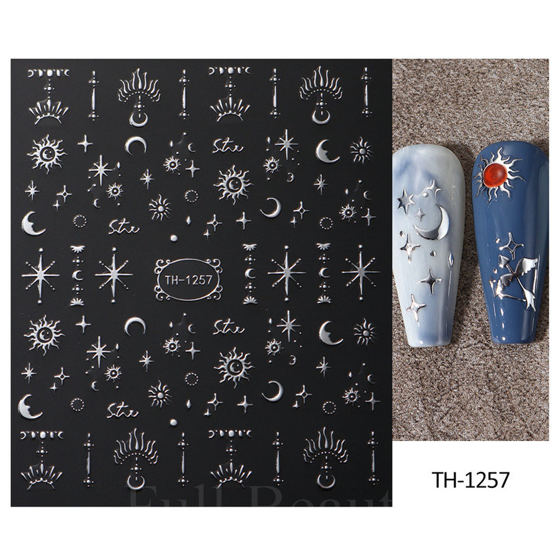 Autocolante argintii metalice pentru arta unghiilor 3D Star Moon Pegasus Glisor auto-adeziv Soarele cu model abstract Decalcomanii Decorarea unghiilor Manichiura