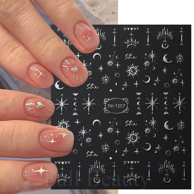 Autocolante argintii metalice pentru arta unghiilor 3D Star Moon Pegasus Glisor auto-adeziv Soarele cu model abstract Decalcomanii Decorarea unghiilor Manichiura
