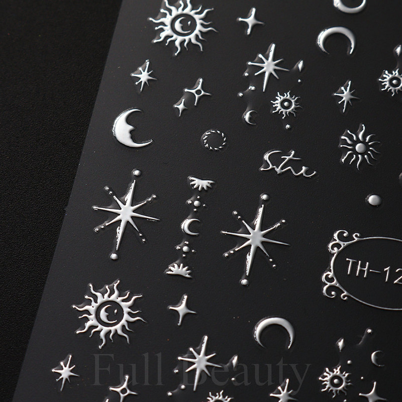 Autocolante argintii metalice pentru arta unghiilor 3D Star Moon Pegasus Glisor auto-adeziv Soarele cu model abstract Decalcomanii Decorarea unghiilor Manichiura