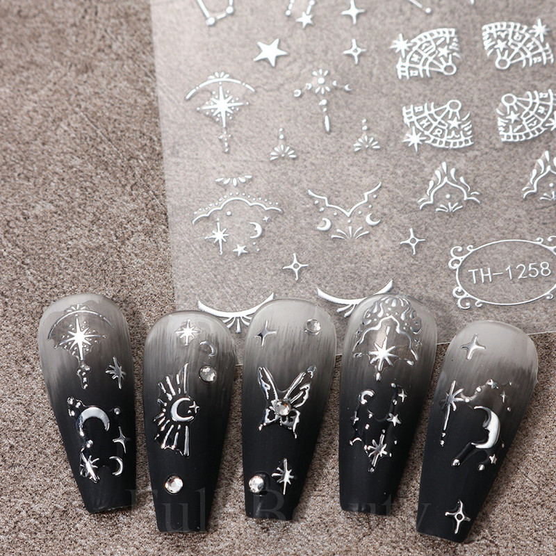Autocolante argintii metalice pentru arta unghiilor 3D Star Moon Pegasus Glisor auto-adeziv Soarele cu model abstract Decalcomanii Decorarea unghiilor Manichiura