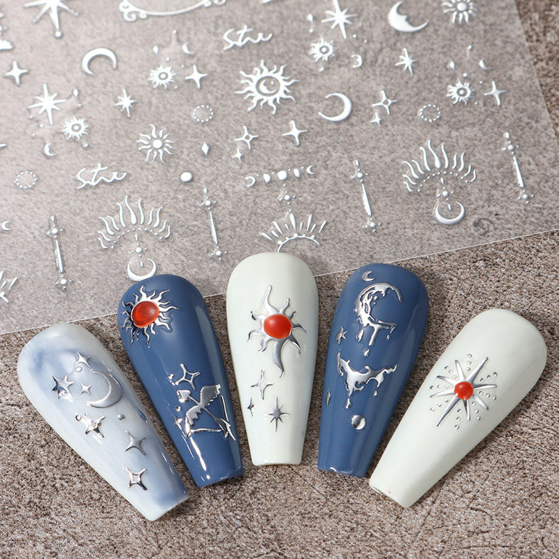 Autocolante argintii metalice pentru arta unghiilor 3D Star Moon Pegasus Glisor auto-adeziv Soarele cu model abstract Decalcomanii Decorarea unghiilor Manichiura