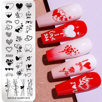 NICOLE DIARY Valentine Heart Line Stamping Plates Love Letter Stamping for Nails Manicure Stamp Nail Stencil Leaves Flower