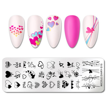 NICOLE DIARY Valentine Heart Line Stamping Plates Love Letter Stamping for Nails Manicures Stamp Nail Stencil Leaves Flower