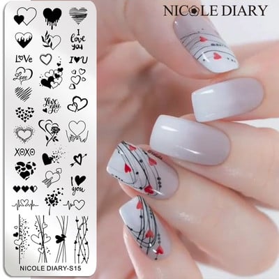 NICOLE DIARY Valentine Heart Line Stamping Plates Love Letter Stamping for Nails Manicure Stamp Nail Stencil Leaves Flower