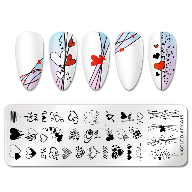 NICOLE NAPLÓ Valentin szív vonal bélyegző lemezek szerelmes levél körömbélyegzés manikűr bélyeg köröm stencil levelek virág