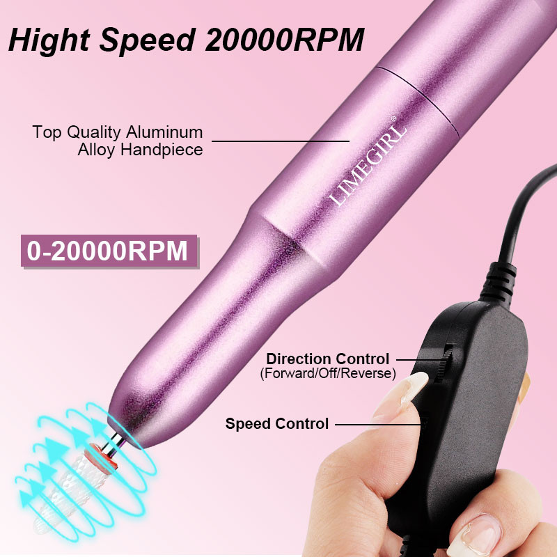 Limegirl 20000 RPM električna bušilica za nokte Prijenosni stroj za manikuru Set glodala za manikuru Vrhovi noktiju Turpija za pedikiranje noktiju