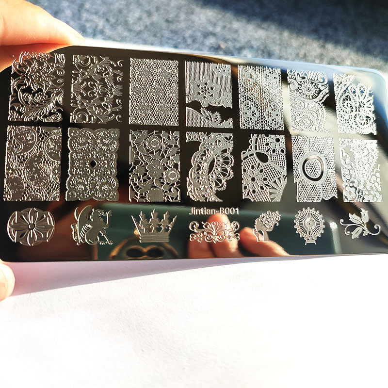 Jauki dzīvnieku nagu apzīmogošanas plāksnes Kaķu gulbja attēlu drukāšanas veidne nerūsējošā tērauda nagu dizaina zīmogu rīki mežģīņu ziedu apdruka