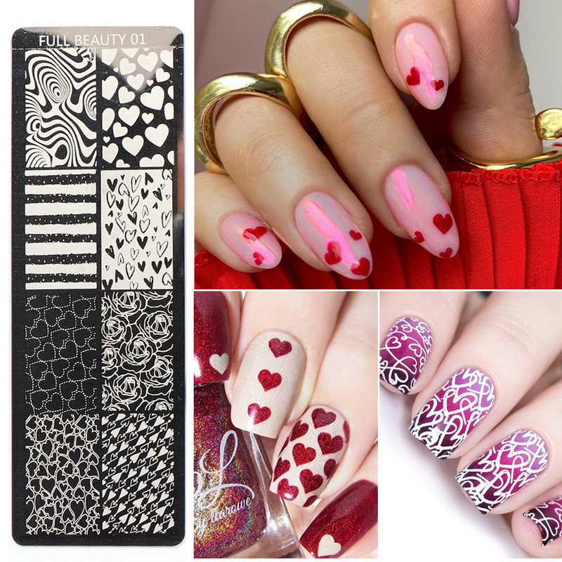 Nail Art zīmogu plāksnīšu zīmogošana Ziedu Lapu Sirds Burti Attēls Ģeometriski Dizaini Nagu laka Apdrukas trafarets Manikīrs TRFB01-06