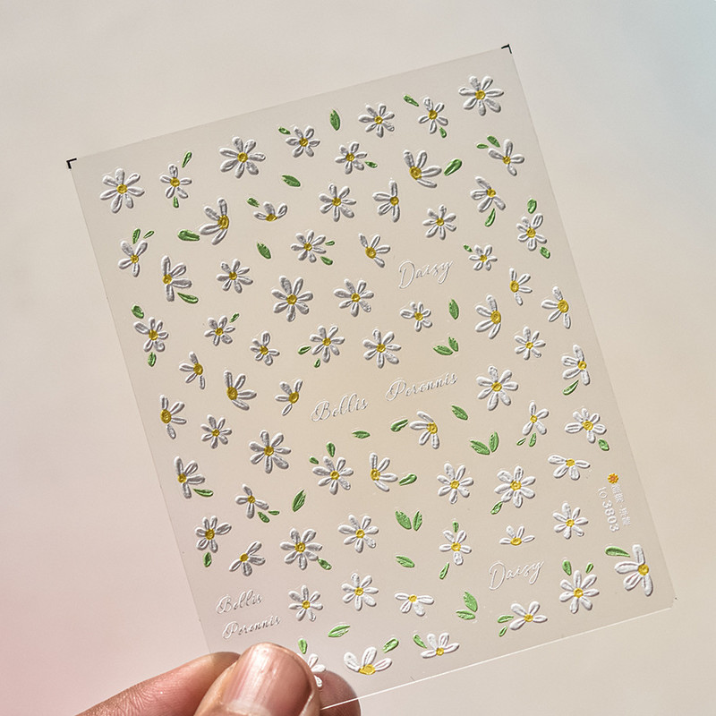 1 gab., baltu margrietiņas ziedu reljefs 3D uzlīmes pavasara vasaras nagu uzlīmes nagu mākslas dekorēšanai manikīra DIY uzlīmes