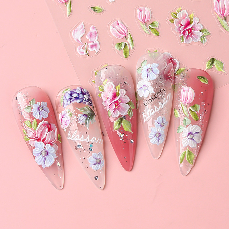 5D reljefi nagu uzlīmes rozā peonija lilija margrietiņa ziedi dizains pašlīmējošs nagu pārneses slīdņi vasaras manikīra uzlīmes LAPro