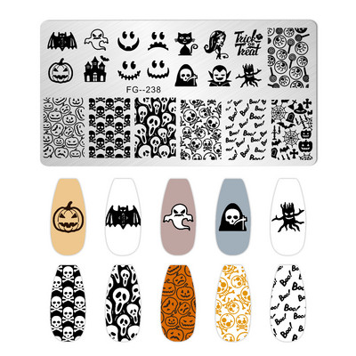 1Gb Helovīna ķirbju nagu apzīmogošanas plāksnes Taisnstūra veidnes trafareti nagu mākslas zīmoga attēla plāksne Manikīrs nagu drukas rīki