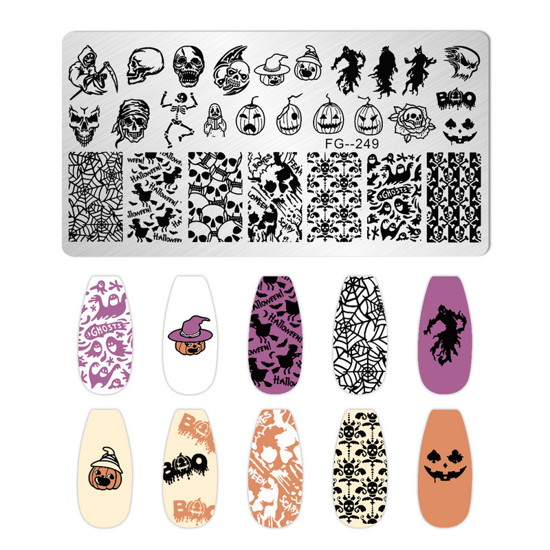 1Gb Helovīna ķirbju nagu apzīmogošanas plāksnes Taisnstūra veidnes trafareti nagu mākslas zīmoga attēla plāksne Manikīrs nagu drukas rīki