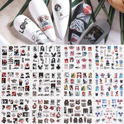 12 buc. Linii abstracte Graffiti Set de autocolante pentru unghii Portret Bloc de culoare Frunze Design francez Slider Manichiura Decor SABN2137-2148