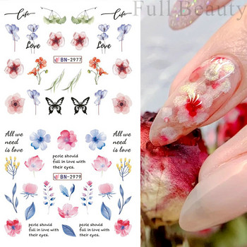 Водни стикери за нокти Цветя Пеперуди Декал Талисмани Пролетен дизайн Плъзгачи Естетичен гел с UV светлина Декор Стоки за маникюр