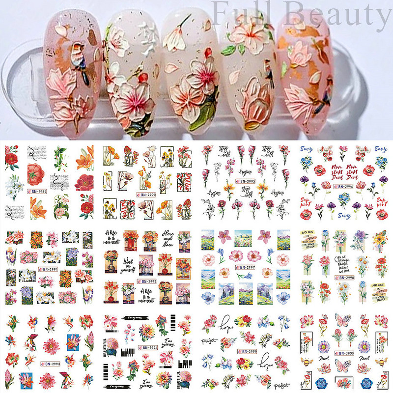 Ūdens uzlīmes nagiem Ziedi Tauriņu Uzlīmes Piekariņi Pavasara Dizains Slideri Estētiskā želeja ar UV gaismu Dekors Manikīra preces