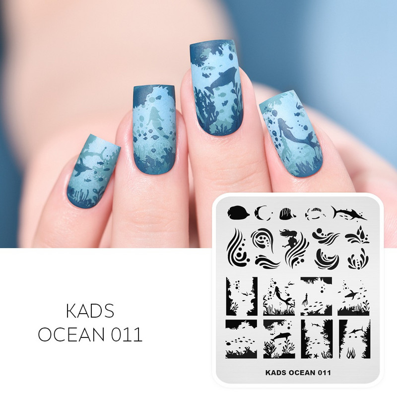 KADS 11 Design Ocean sērija Dolphins Conch Fish Mermaid štancēšana nagu mākslas veidne nagu rīki nagu trafarets zīmogs nagu plāksne