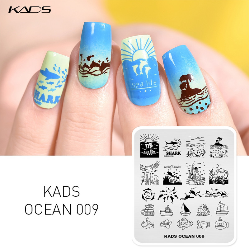 KADS 11 Design Ocean sērija Dolphins Conch Fish Mermaid štancēšana nagu mākslas veidne nagu rīki nagu trafarets zīmogs nagu plāksne