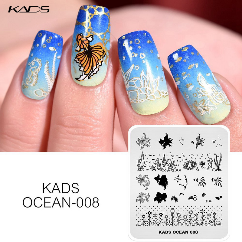 KADS 11 Design Ocean sērija Dolphins Conch Fish Mermaid štancēšana nagu mākslas veidne nagu rīki nagu trafarets zīmogs nagu plāksne
