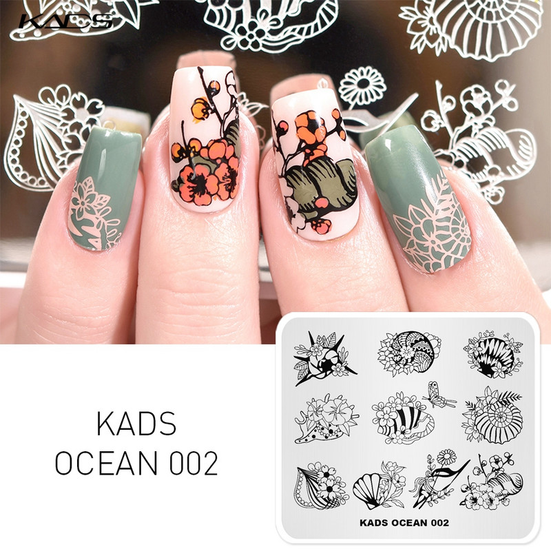 KADS 11 Design Ocean sērija Dolphins Conch Fish Mermaid štancēšana nagu mākslas veidne nagu rīki nagu trafarets zīmogs nagu plāksne