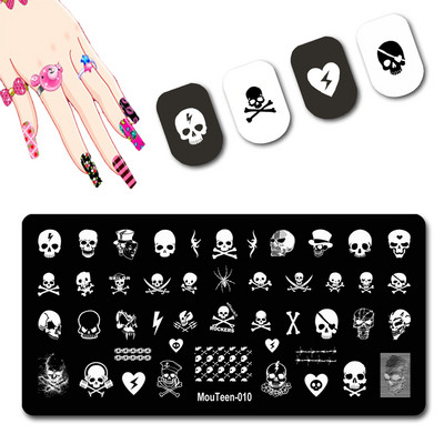 Skulls Nail Art Template Cranium Bone Nagu apzīmogošanas plāksnīšu komplekts Cross-Bones Jaunās dāmas nagu plāksnes #010