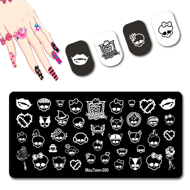 Skulls Nail Art Template Cranium Bone Nagu apzīmogošanas plāksnīšu komplekts Cross-Bones Jaunās dāmas nagu plāksnes #010