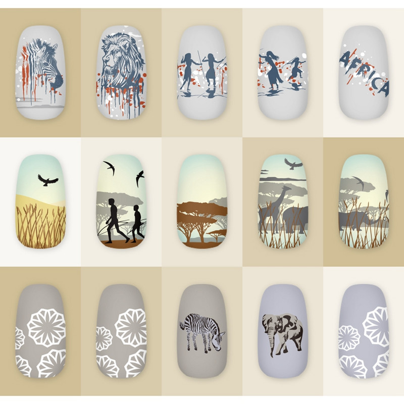 1 kom Nail Art Stamping Pločice Afrički stil Pečat za nokte Tenmplate Lion Elephant Žirafa Plemenski ljudi Šablon za slike za manikuru