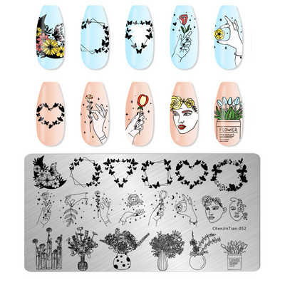 Eņģeļu nagu plāksnes nerūsējošā tērauda veidnes ziedu raksts taisnstūra nagu štancēšanas veidne manikīra nagu mākslas zīmoga attēla plāksne