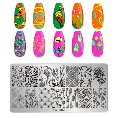 Eņģeļu nagu plāksnes nerūsējošā tērauda veidnes ziedu raksts taisnstūra nagu štancēšanas veidne manikīra nagu mākslas zīmoga attēla plāksne