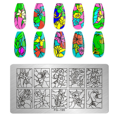 Eņģeļu nagu plāksnes nerūsējošā tērauda veidnes ziedu raksts taisnstūra nagu štancēšanas veidne manikīra nagu mākslas zīmoga attēla plāksne