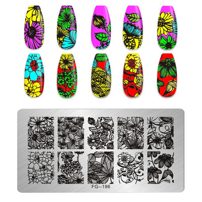 Eņģeļu nagu plāksnes nerūsējošā tērauda veidnes ziedu raksts taisnstūra nagu štancēšanas veidne manikīra nagu mākslas zīmoga attēla plāksne