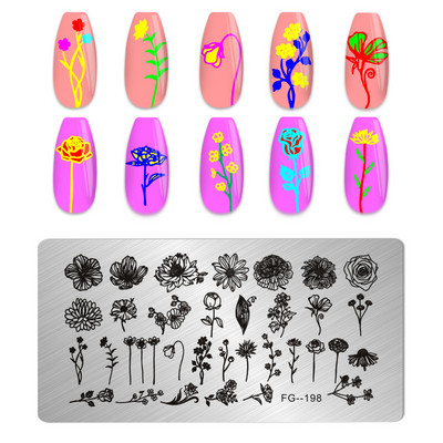 Eņģeļu nagu plāksnes nerūsējošā tērauda veidnes ziedu raksts taisnstūra nagu štancēšanas veidne manikīra nagu mākslas zīmoga attēla plāksne