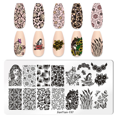 Eņģeļu nagu plāksnes nerūsējošā tērauda veidnes ziedu raksts taisnstūra nagu štancēšanas veidne manikīra nagu mākslas zīmoga attēla plāksne