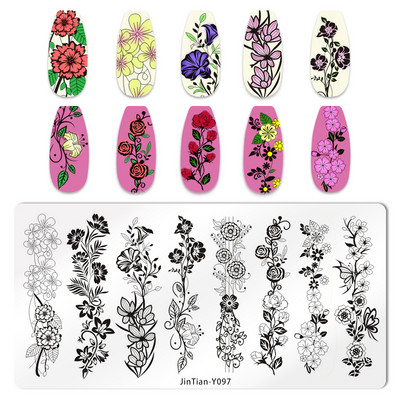 Eņģeļu nagu plāksnes nerūsējošā tērauda veidnes ziedu raksts taisnstūra nagu štancēšanas veidne manikīra nagu mākslas zīmoga attēla plāksne