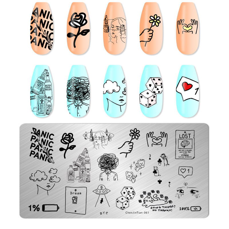 Eņģeļu nagu plāksnes nerūsējošā tērauda veidnes ziedu raksts taisnstūra nagu štancēšanas veidne manikīra nagu mākslas zīmoga attēla plāksne