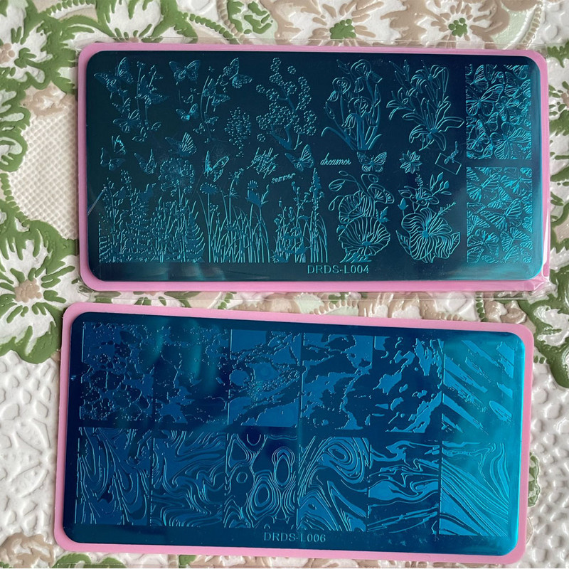 Nerūsējošā tērauda 6x12 cm nagu mākslas zīmoga plāksne/mežģīnes, ģeometrisks raksts, tauriņš, ziedu nagu mākslas veidne Diy nagu instruments