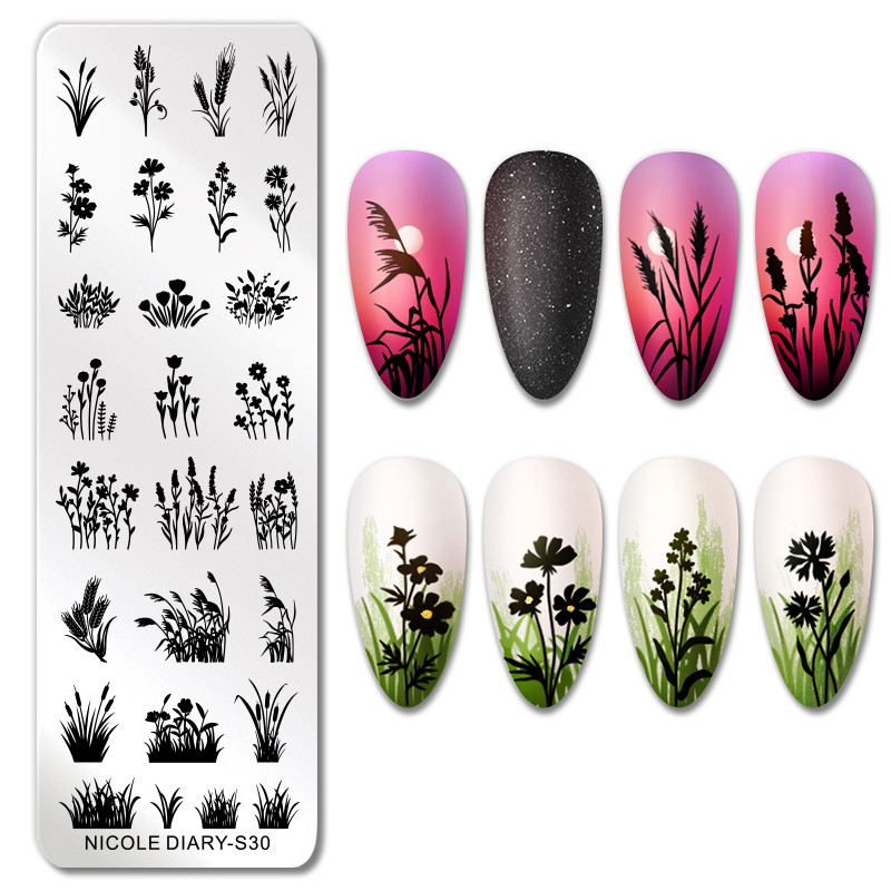 NICOLE DIARY Ziedu kviešu nagu apzīmogošanas plāksnes zīmēšanas veidne Love Heart attēls Trafarets Veidne nagu štancēšanas pulēšanas drukāšanas rīki