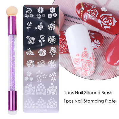 Set pločica za utiskivanje noktiju od 2 komada Silikonska spužvasta četkica Šablone za prijenos laka Cvjetna geometrija DIY šablona Alat za nokte CHSTZN01-12-